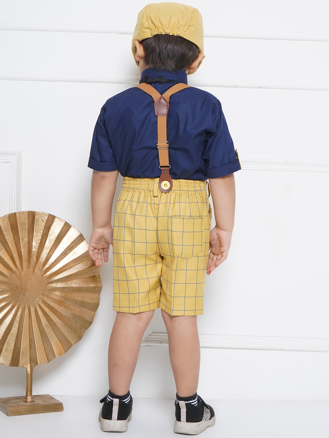 Kids Boys Mustard Printed Cotton Dungaree