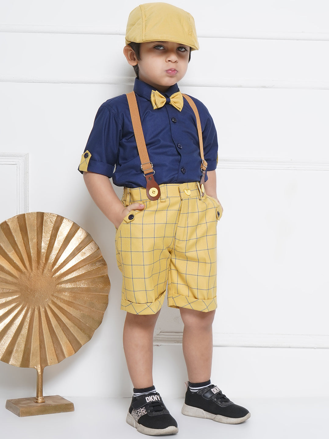 Kids Boys Mustard Printed Cotton Dungaree