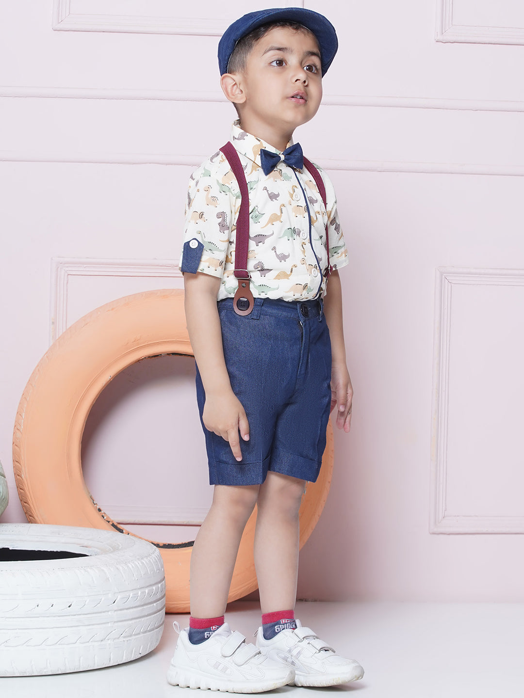Green Kids Cotton Printed Shirt Shorts With Cap and Suspender Set For Boys