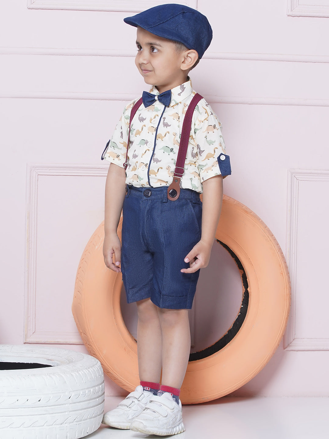 Kids Boys Green Printed Cotton Dungaree