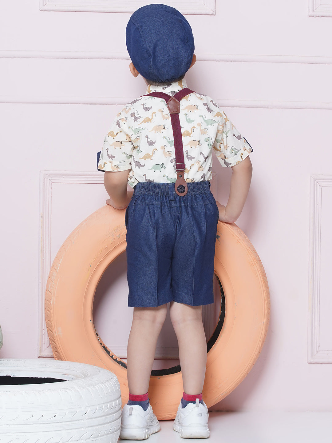 Kids Boys Green Printed Cotton Dungaree