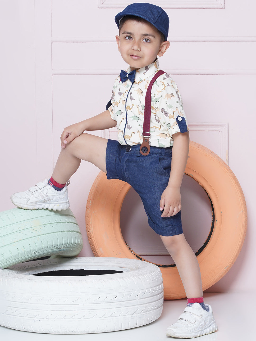 Kids Boys Green Printed Cotton Dungaree