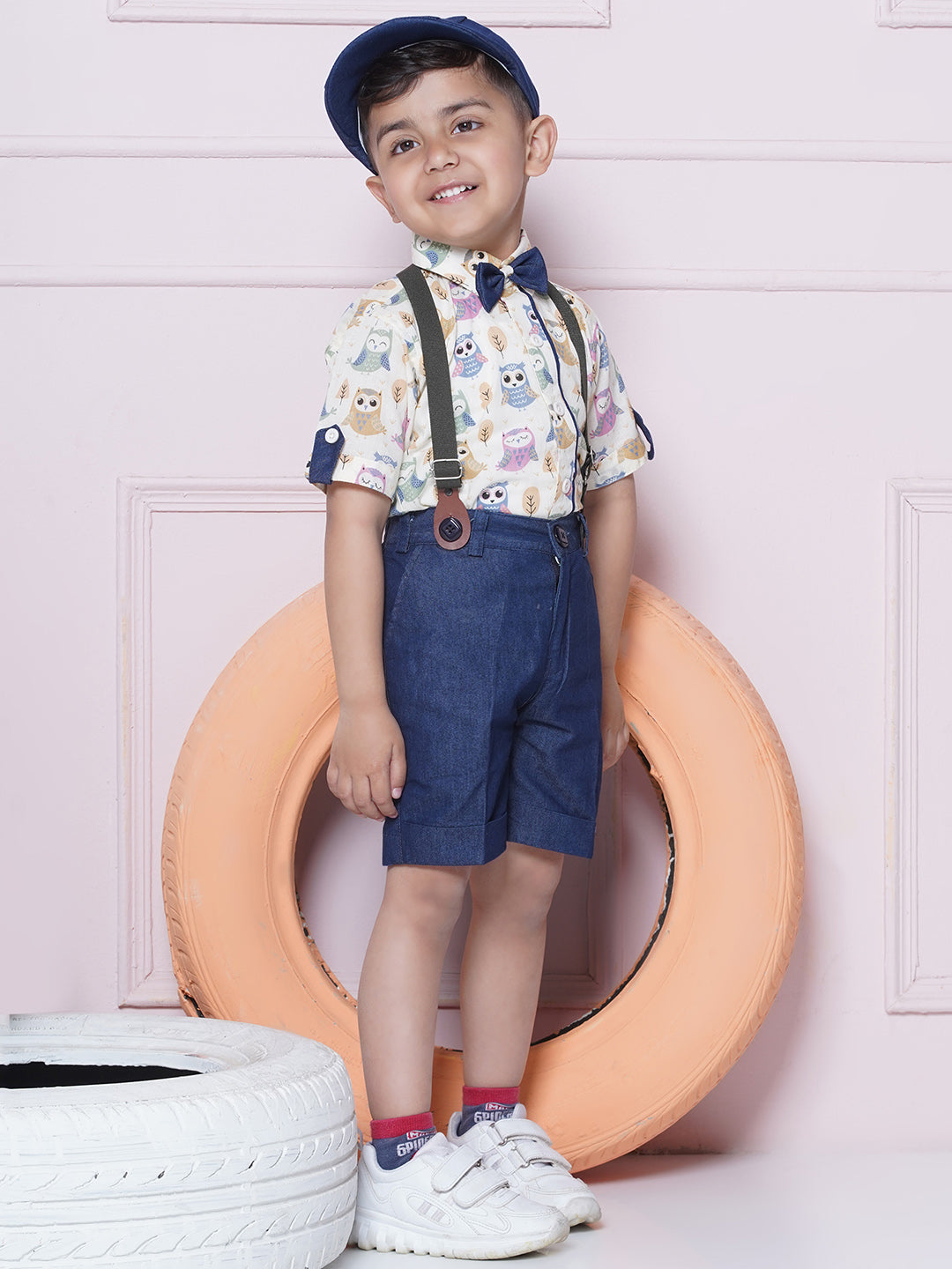 Blue Kids Cotton Printed Shirt Shorts With Cap and Suspender Set For Boys