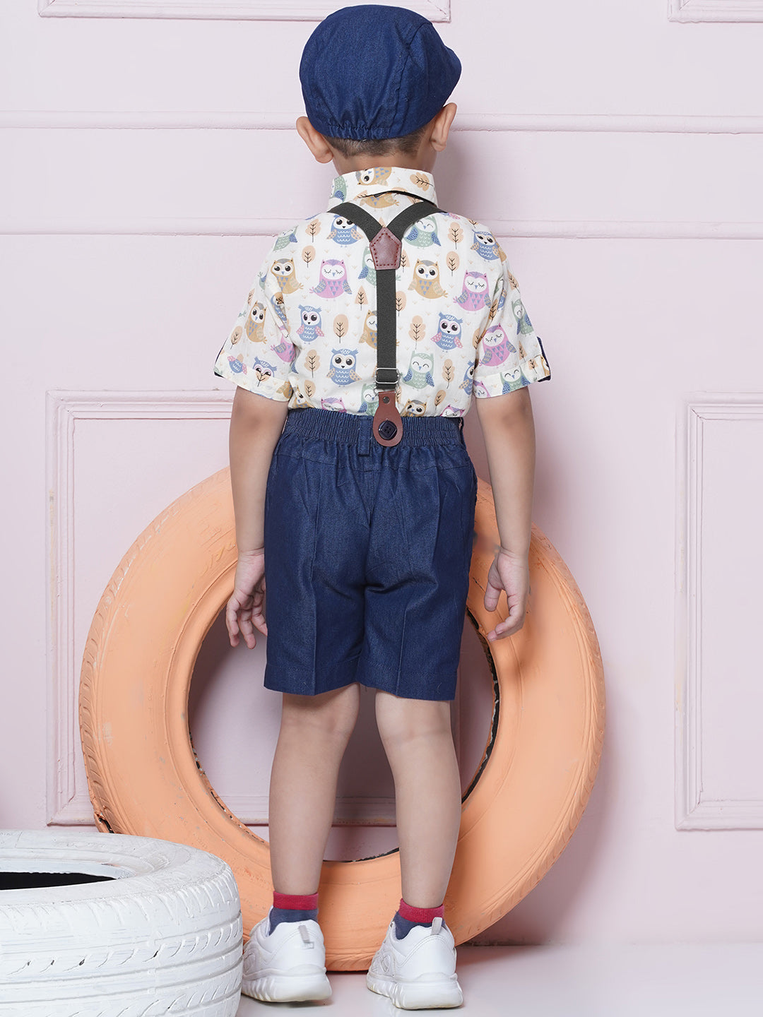 Blue Kids Cotton Printed Shirt Shorts With Cap and Suspender Set For Boys