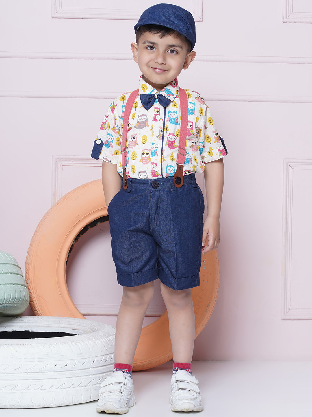 Kids Boys Pink Printed Cotton Dungaree