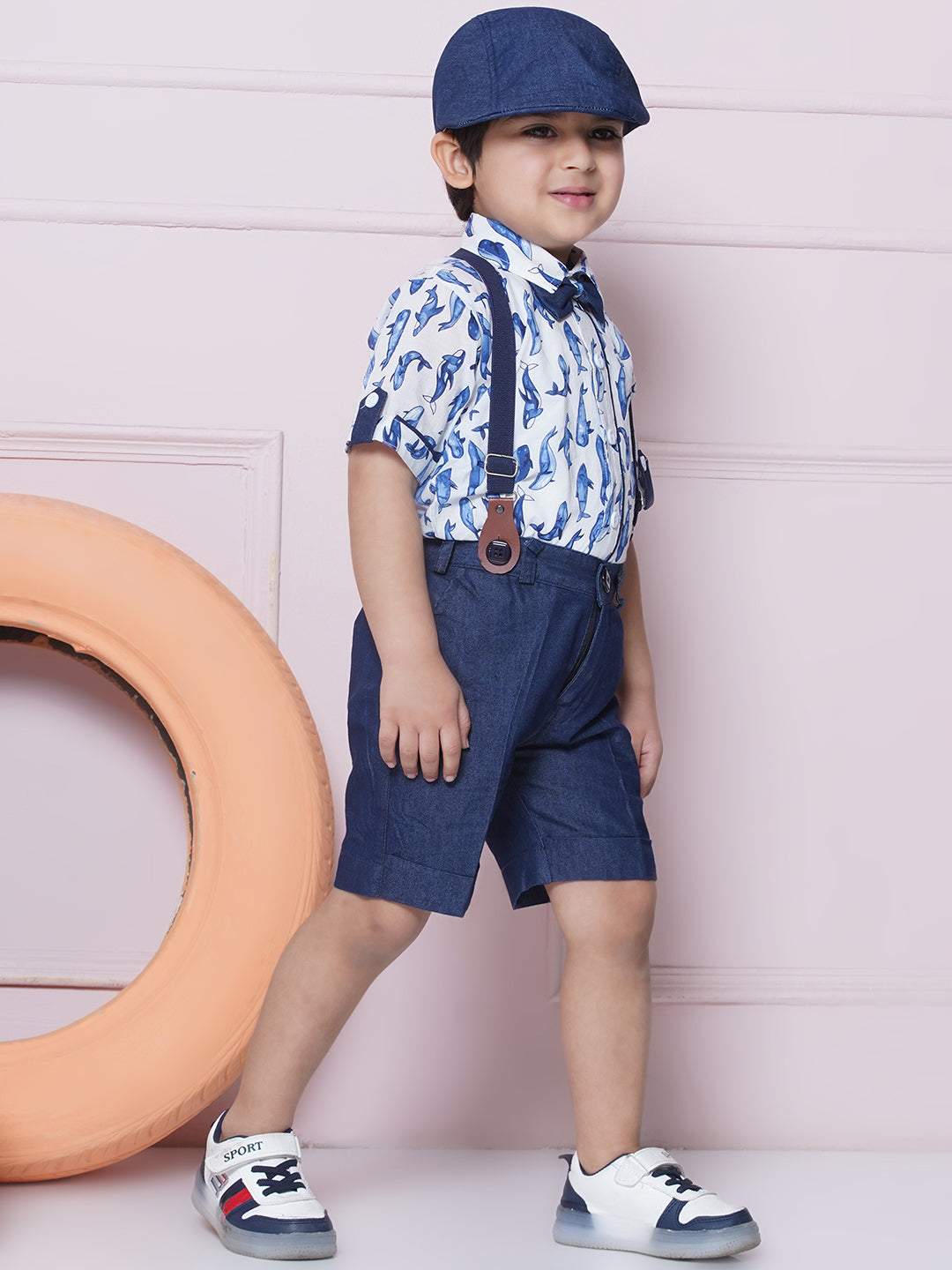 Kids Boys White Printed Cotton Dungaree