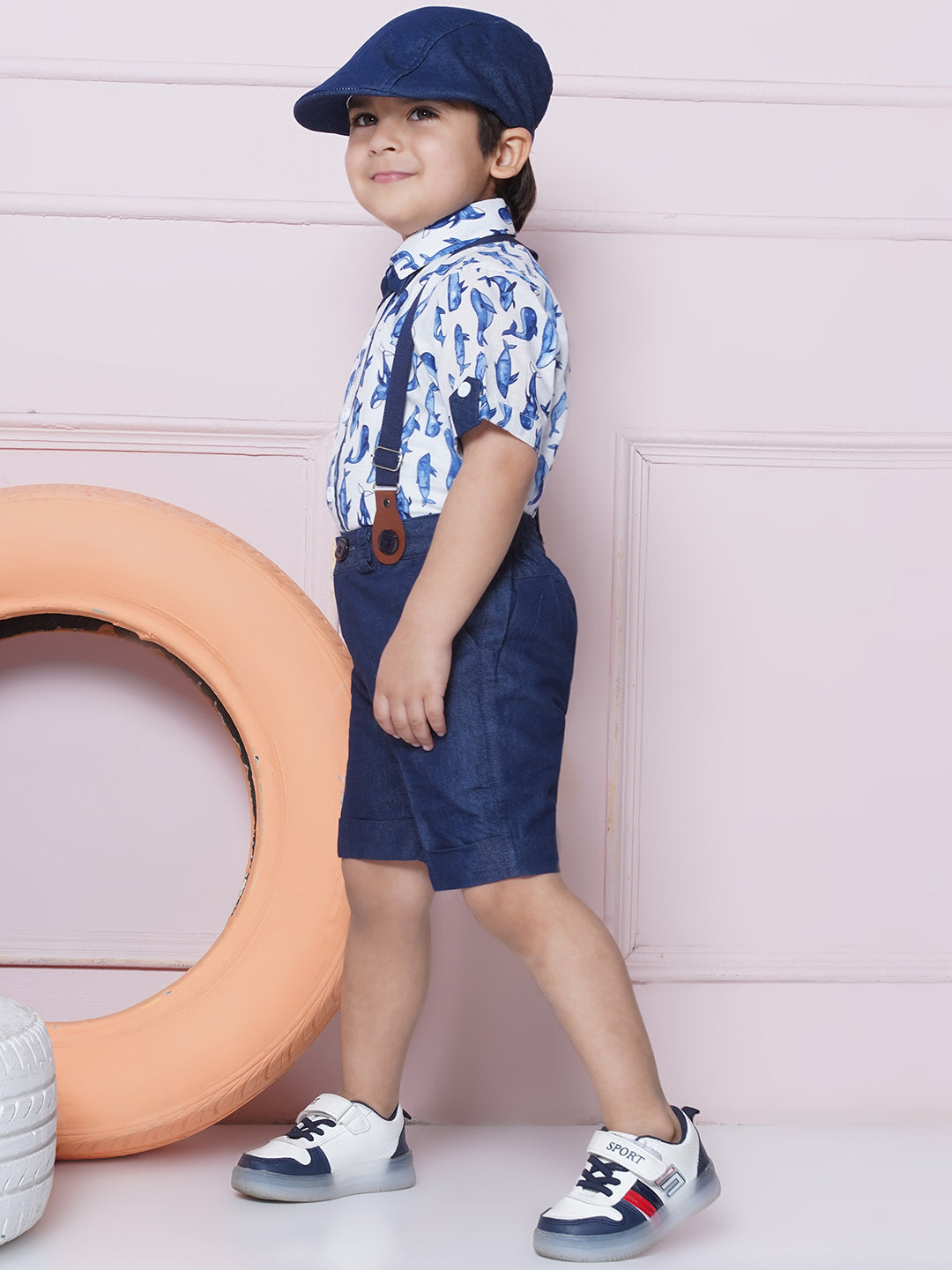 Kids Boys White Printed Cotton Dungaree