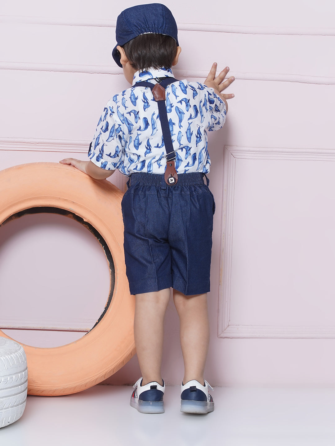 Kids Cotton Printed Shirt Shorts With Cap and Suspender Set For Boys