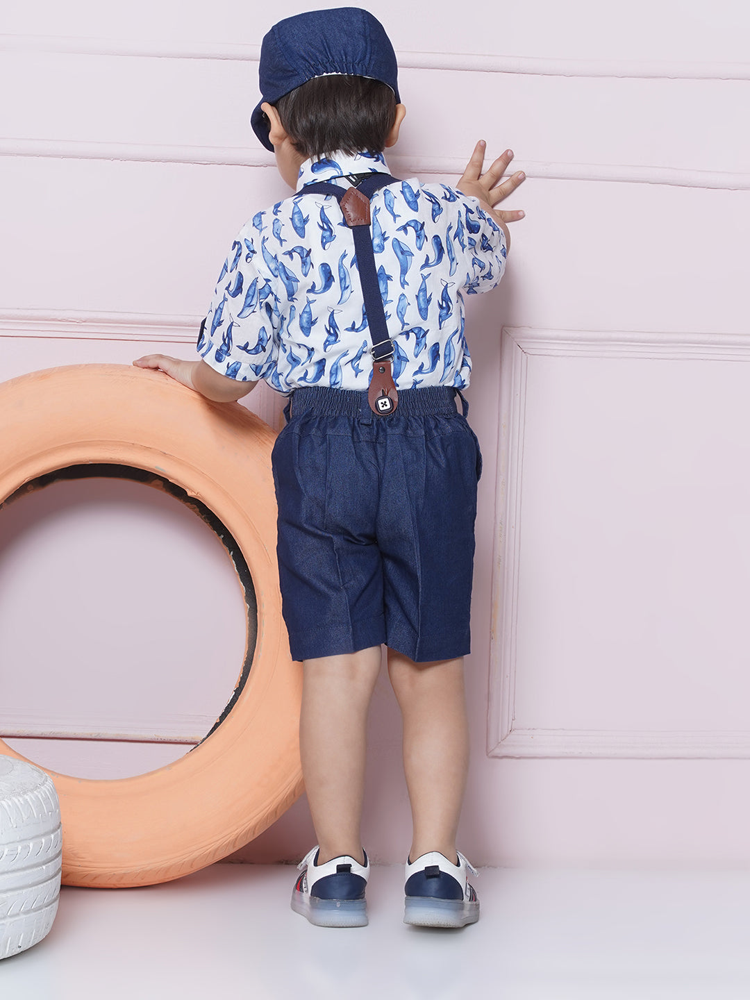 Kids Boys White Printed Cotton Dungaree