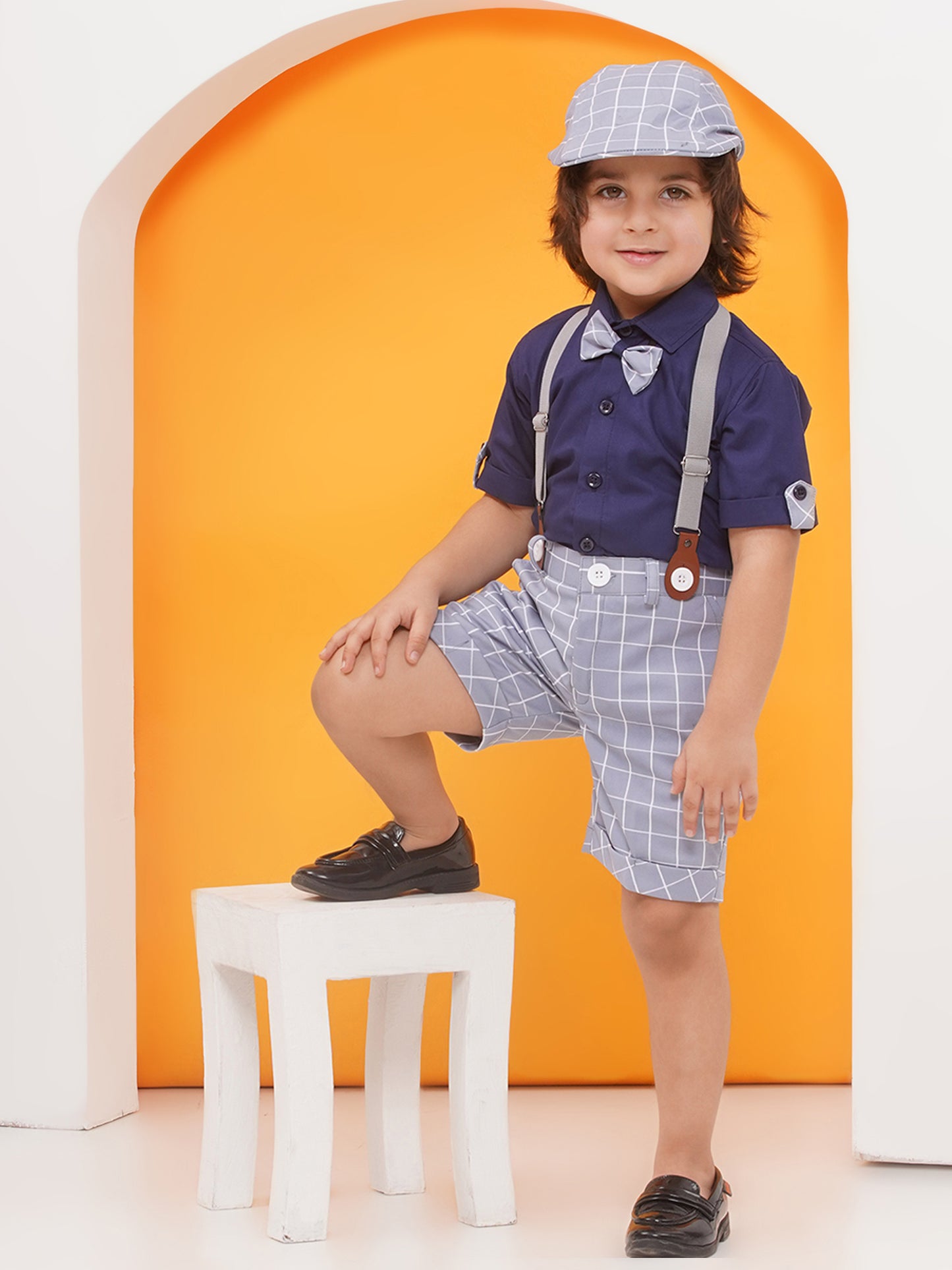 Grey Cotton Blend Dungaree with Suspenders and Cap for Boys