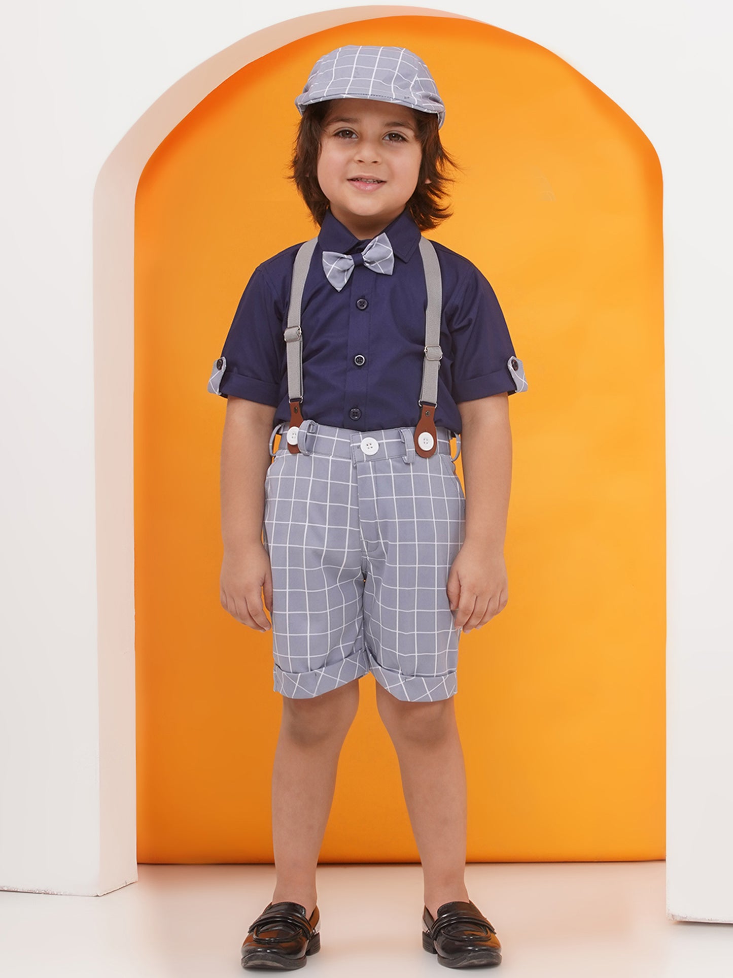 Grey Cotton Blend Dungaree with Suspenders and Cap for Boys