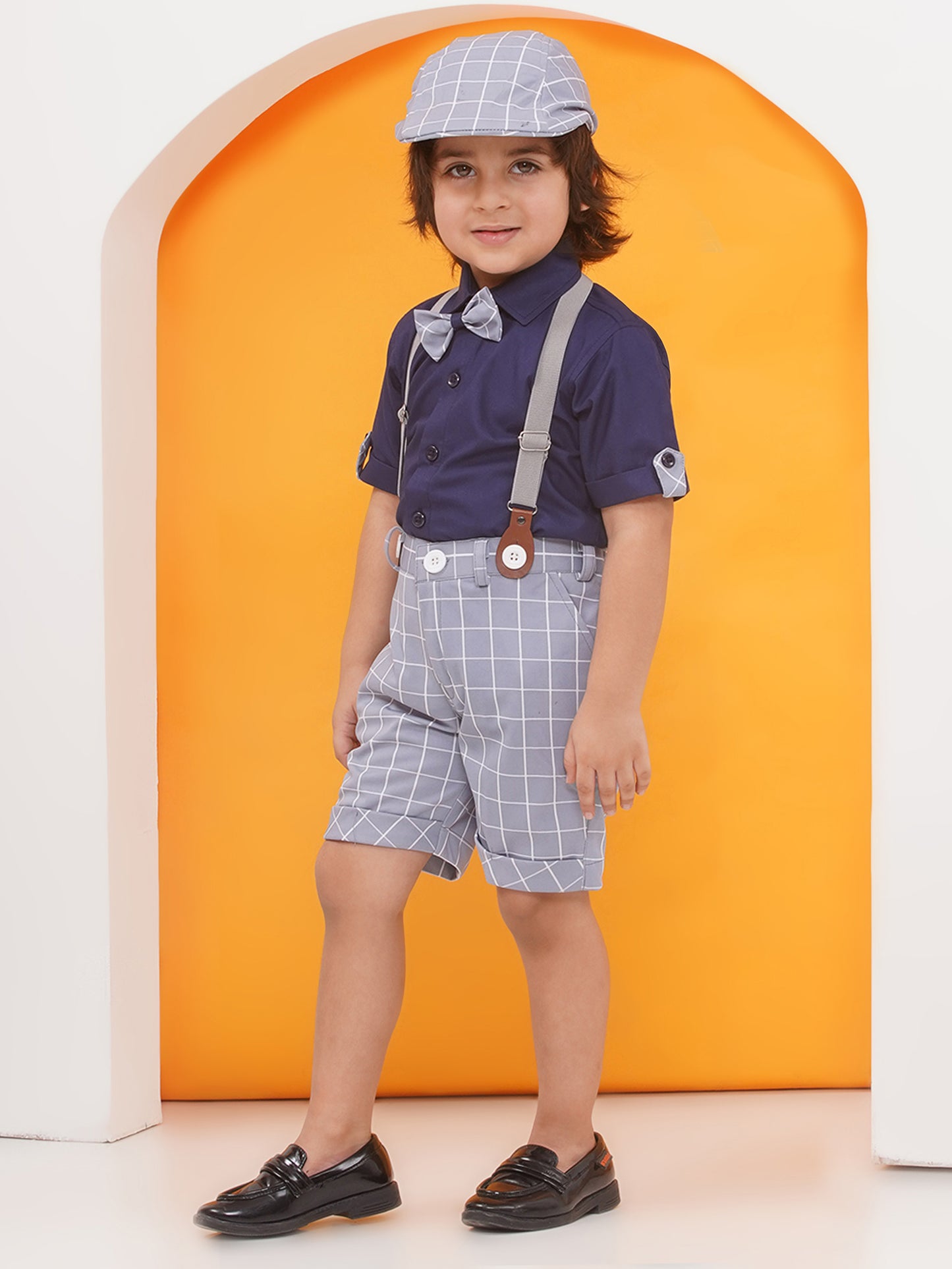 Grey Cotton Blend Dungaree with Suspenders and Cap for Boys