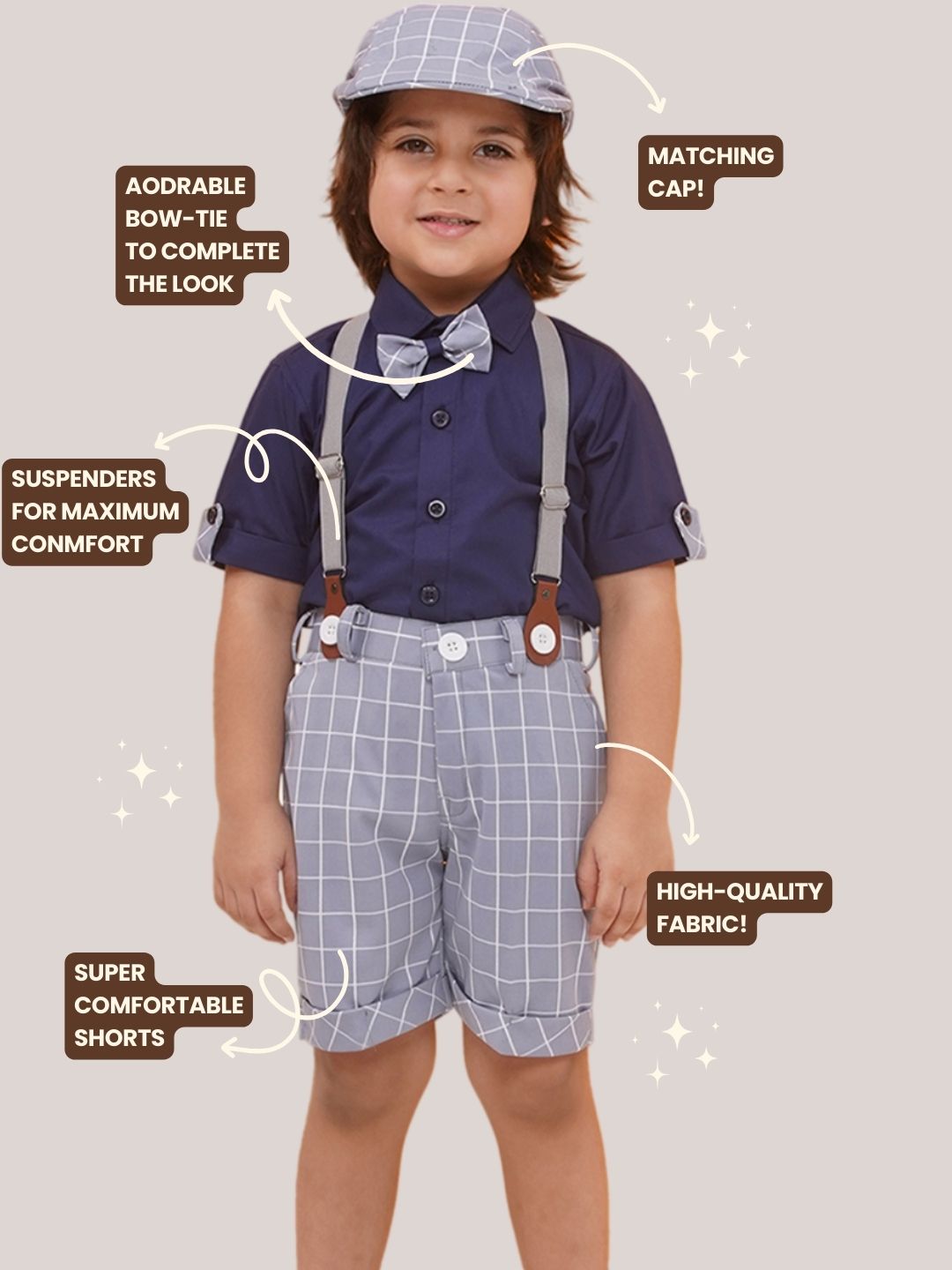 Grey Cotton Blend Dungaree with Suspenders and Cap for Boys