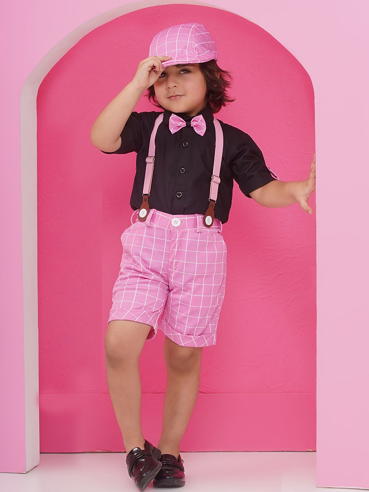 Pink Cotton Blend Dungaree with Suspenders and Cap for Boys