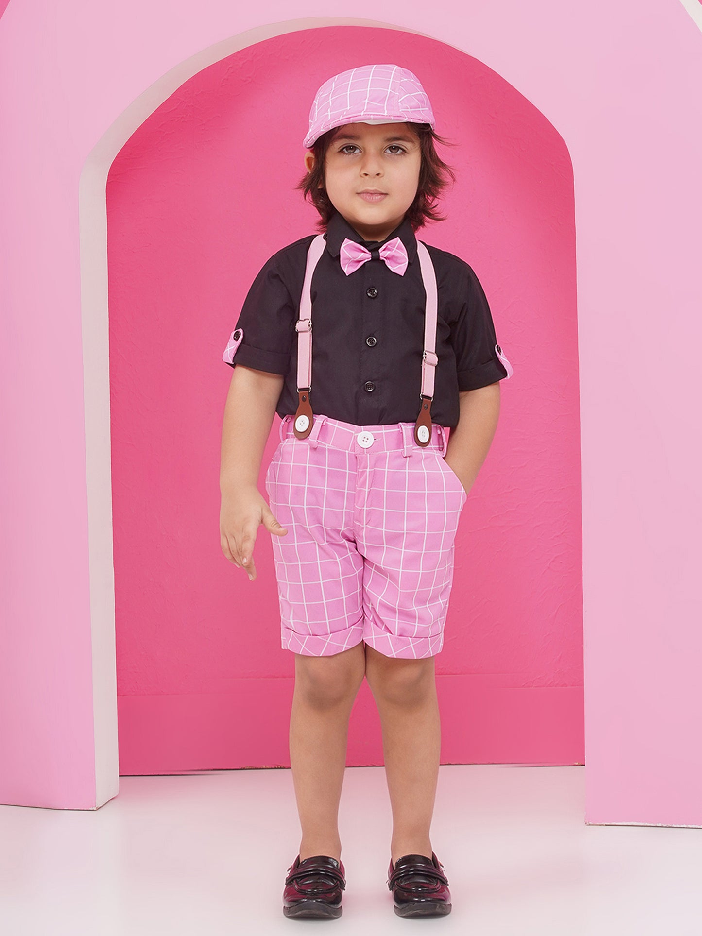 Pink Cotton Blend Dungaree with Suspenders and Cap for Boys