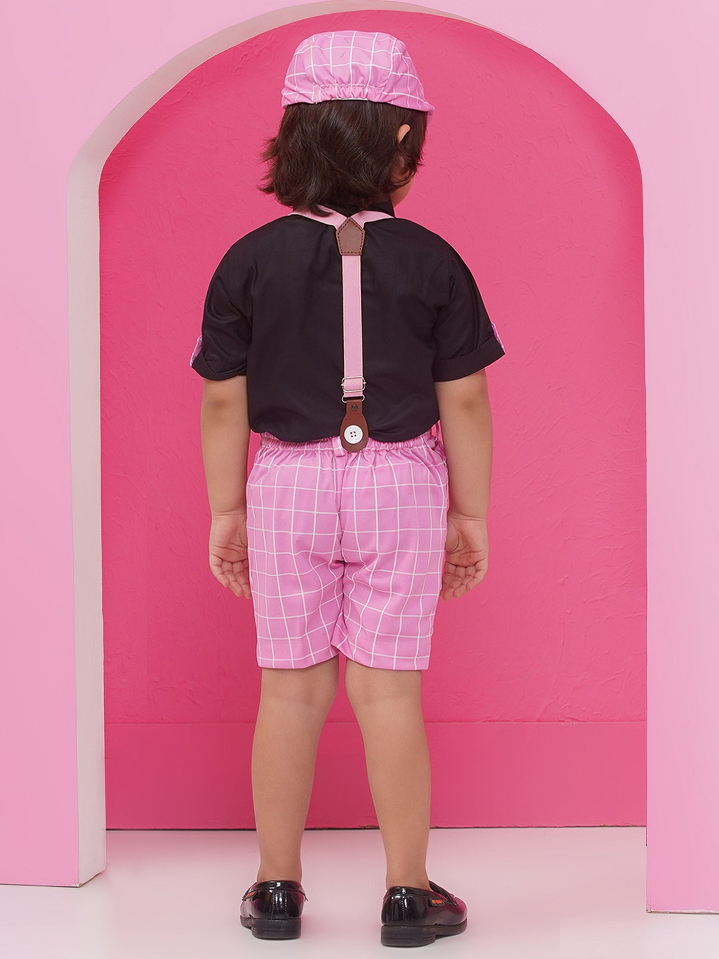 Pink Cotton Blend Dungaree with Suspenders and Cap for Boys