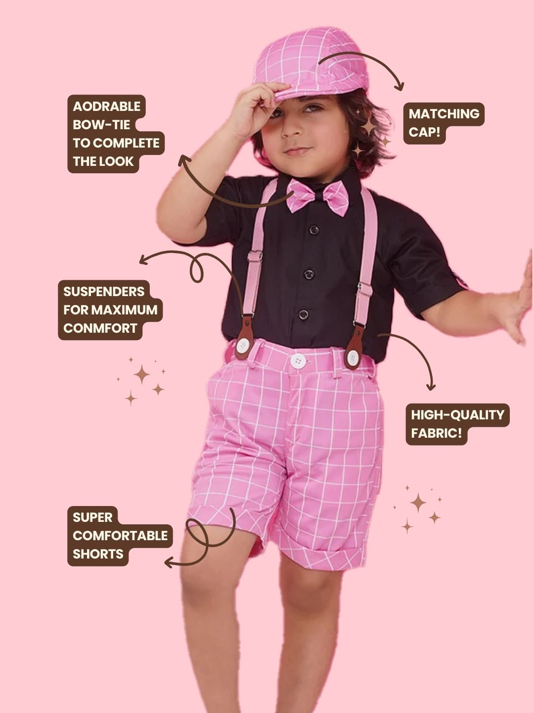 Pink Cotton Blend Dungaree with Suspenders and Cap for Boys