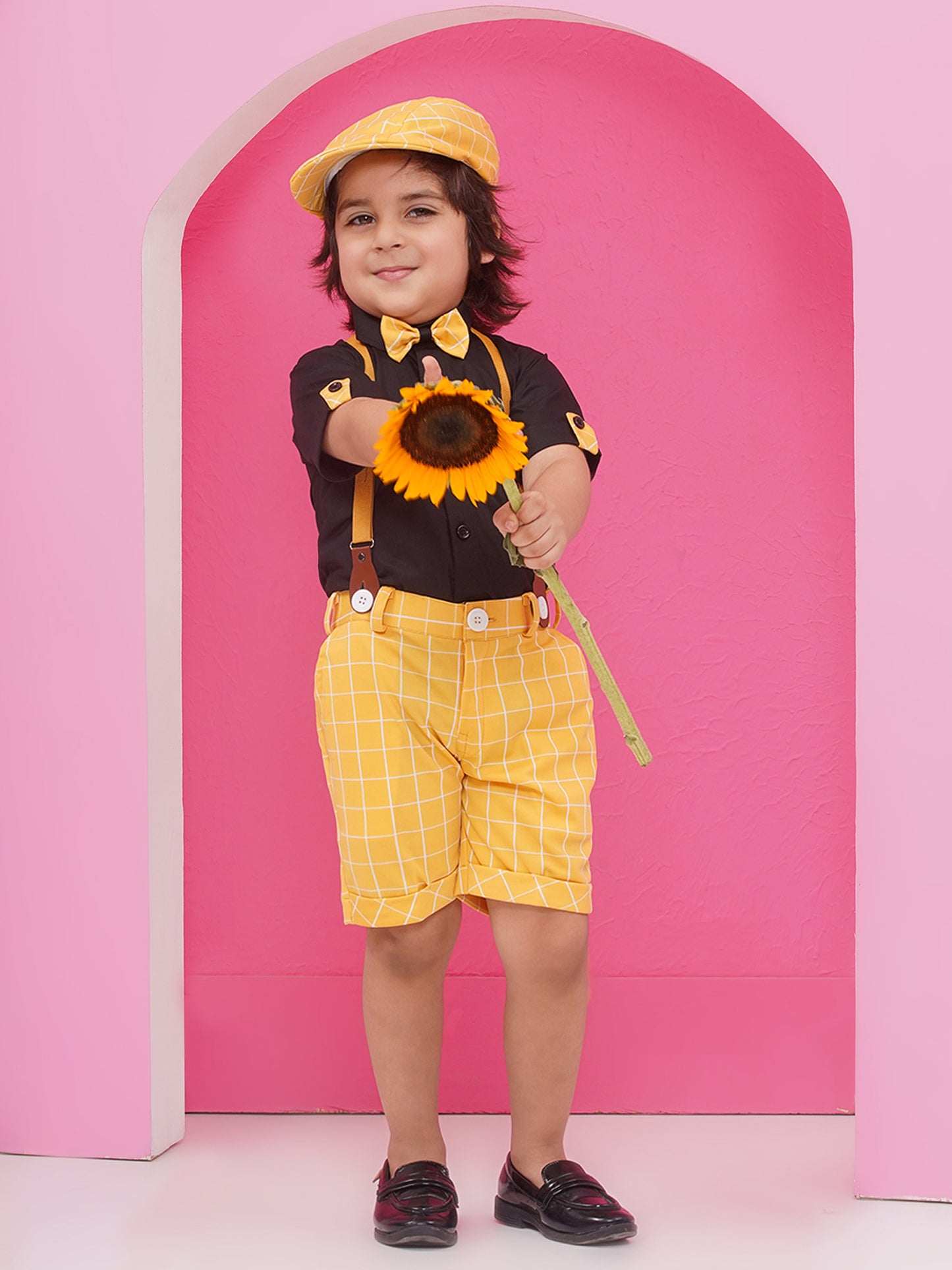 Yellow Cotton Blend Dungaree with Suspenders and Cap for Boys