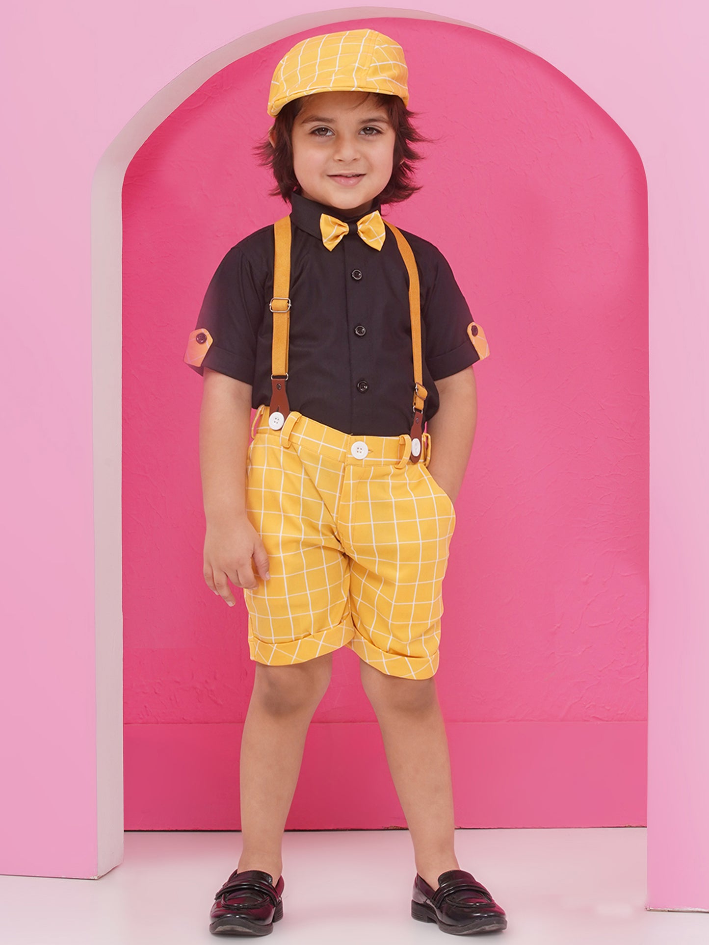 Yellow Cotton Blend Dungaree with Suspenders and Cap for Boys