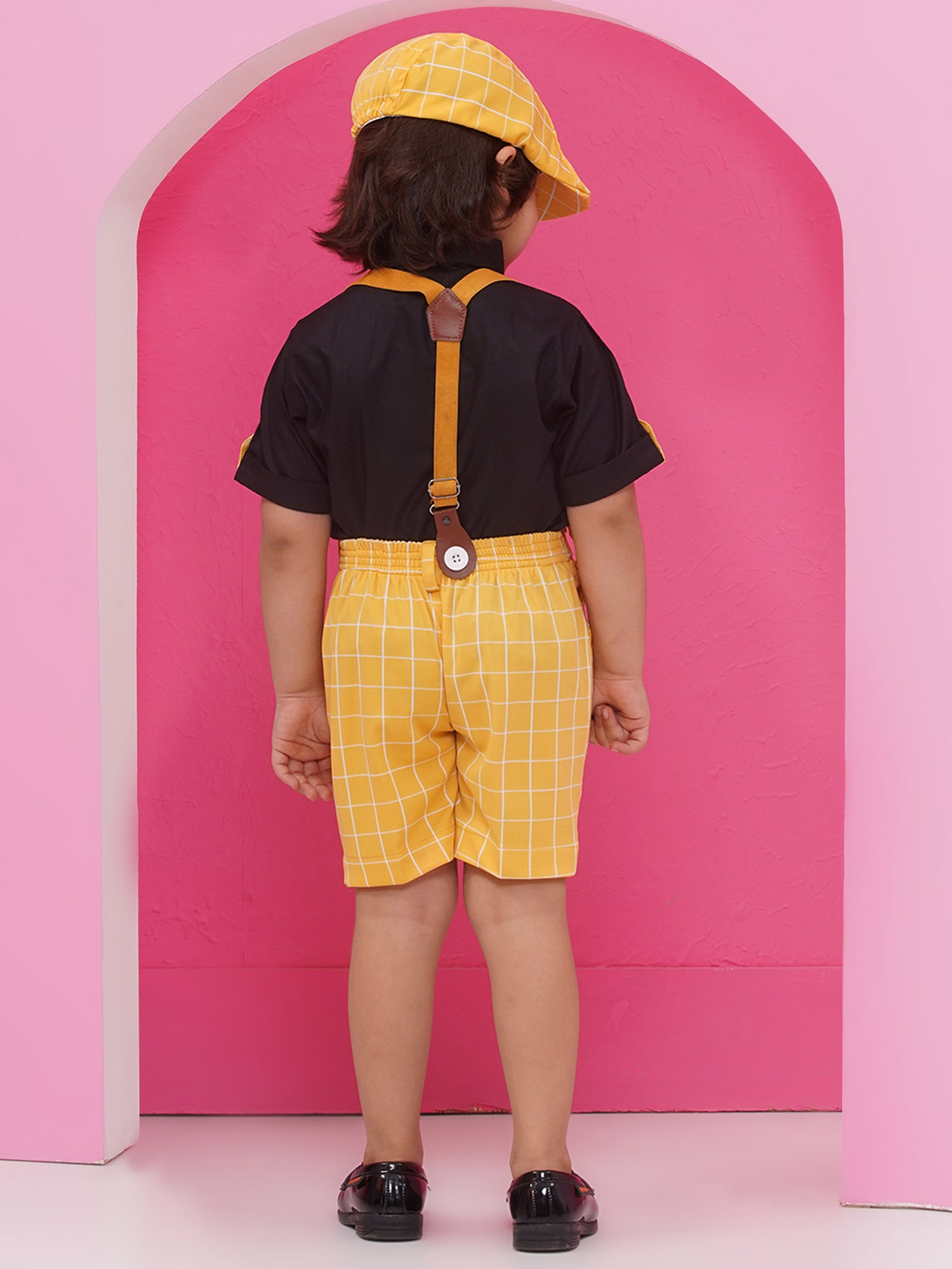 Yellow Cotton Blend Dungaree with Suspenders and Cap for Boys
