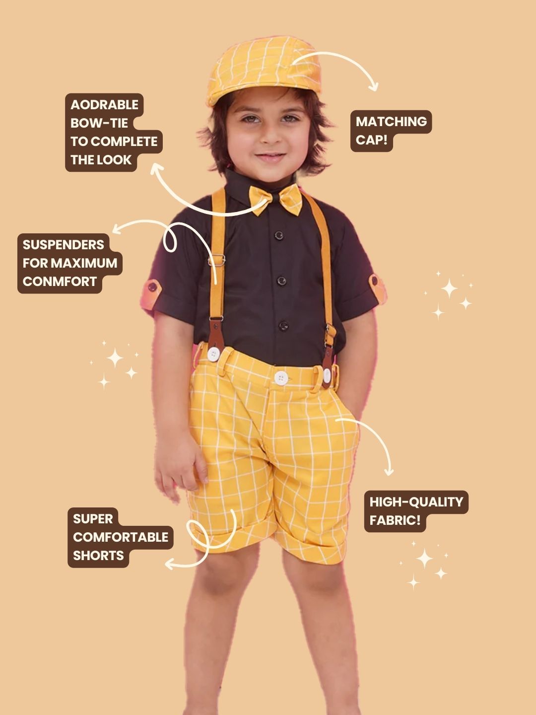 Yellow Cotton Blend Dungaree with Suspenders and Cap for Boys