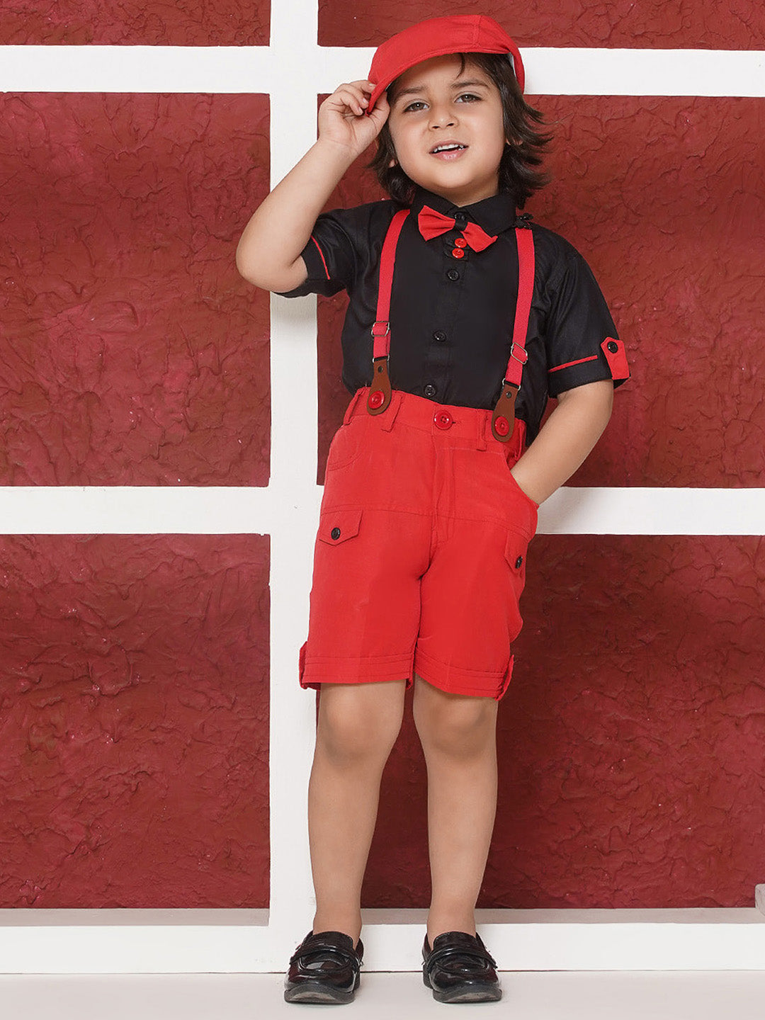 RED Cotton Blend Half Sleeves Solid Shirt Halfpant with Suspenders and Cap for Boys