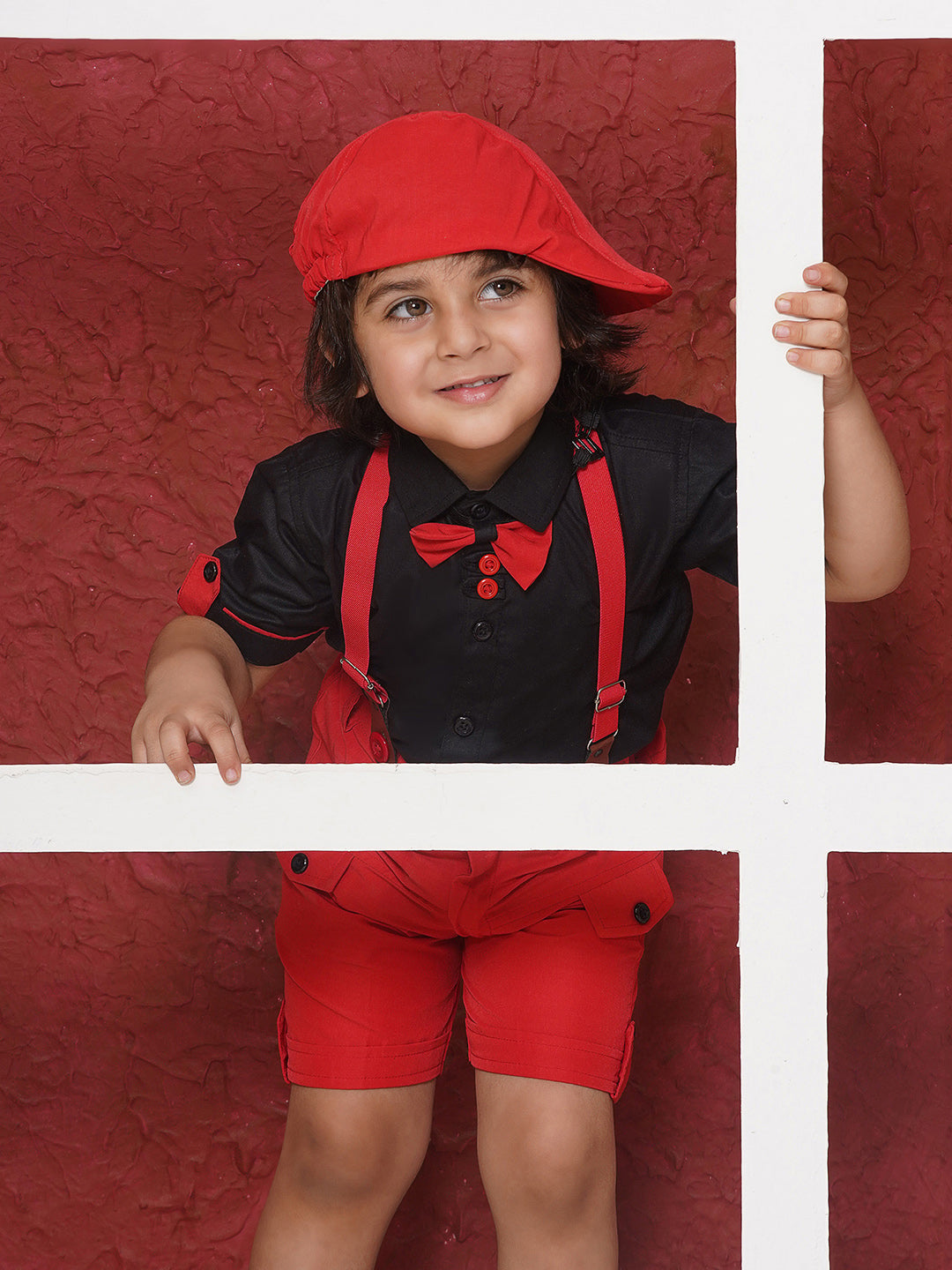 RED Cotton Blend Half Sleeves Solid Shirt Halfpant with Suspenders and Cap for Boys