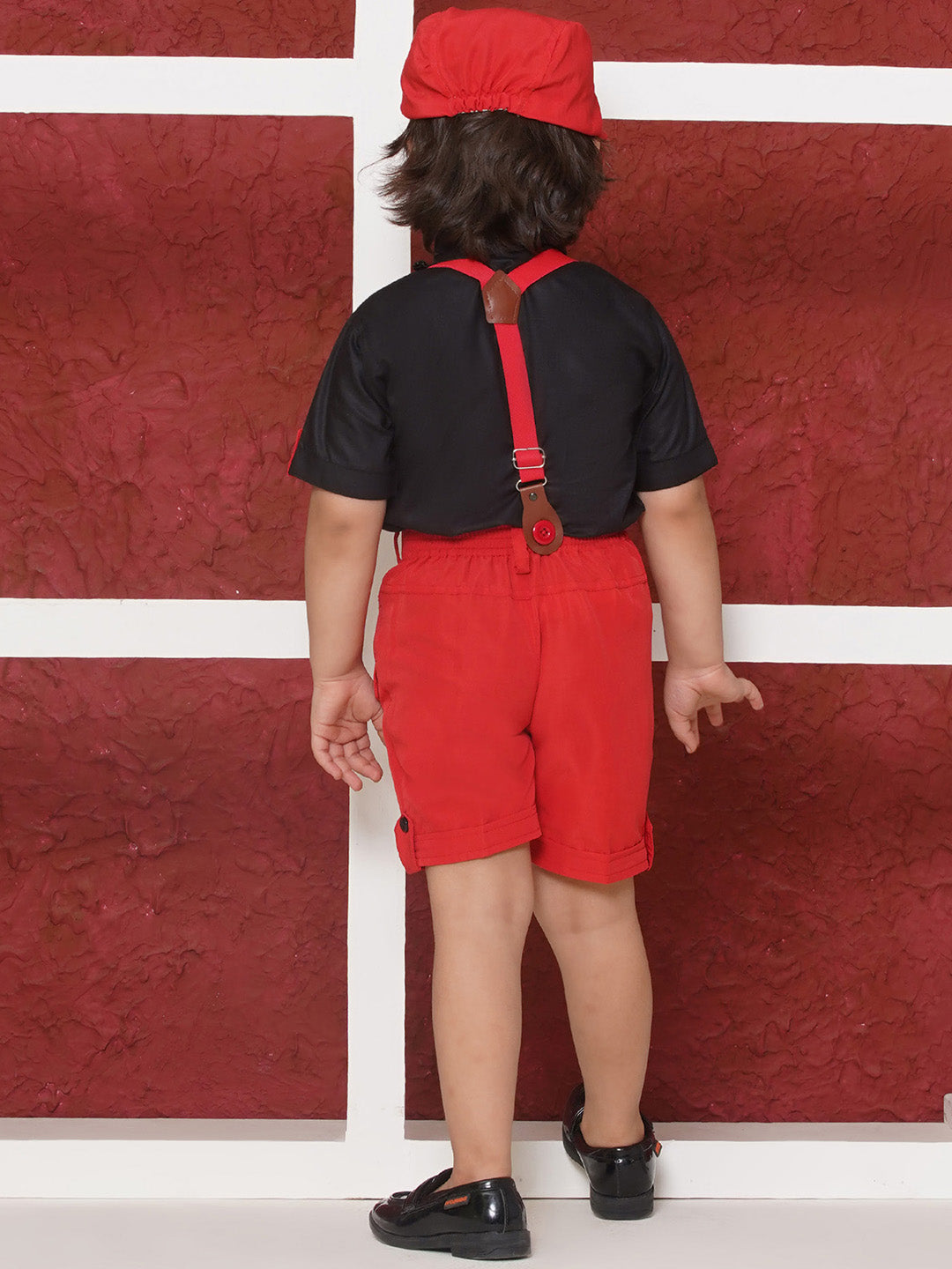 RED Cotton Blend Half Sleeves Solid Shirt Halfpant with Suspenders and Cap for Boys