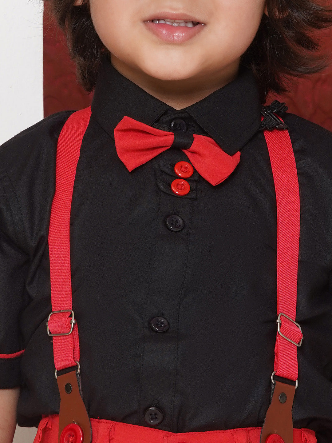 RED Cotton Blend Half Sleeves Solid Shirt Halfpant with Suspenders and Cap for Boys