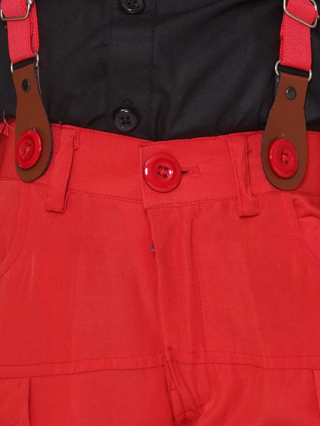 RED Cotton Blend Half Sleeves Solid Shirt Halfpant with Suspenders and Cap for Boys