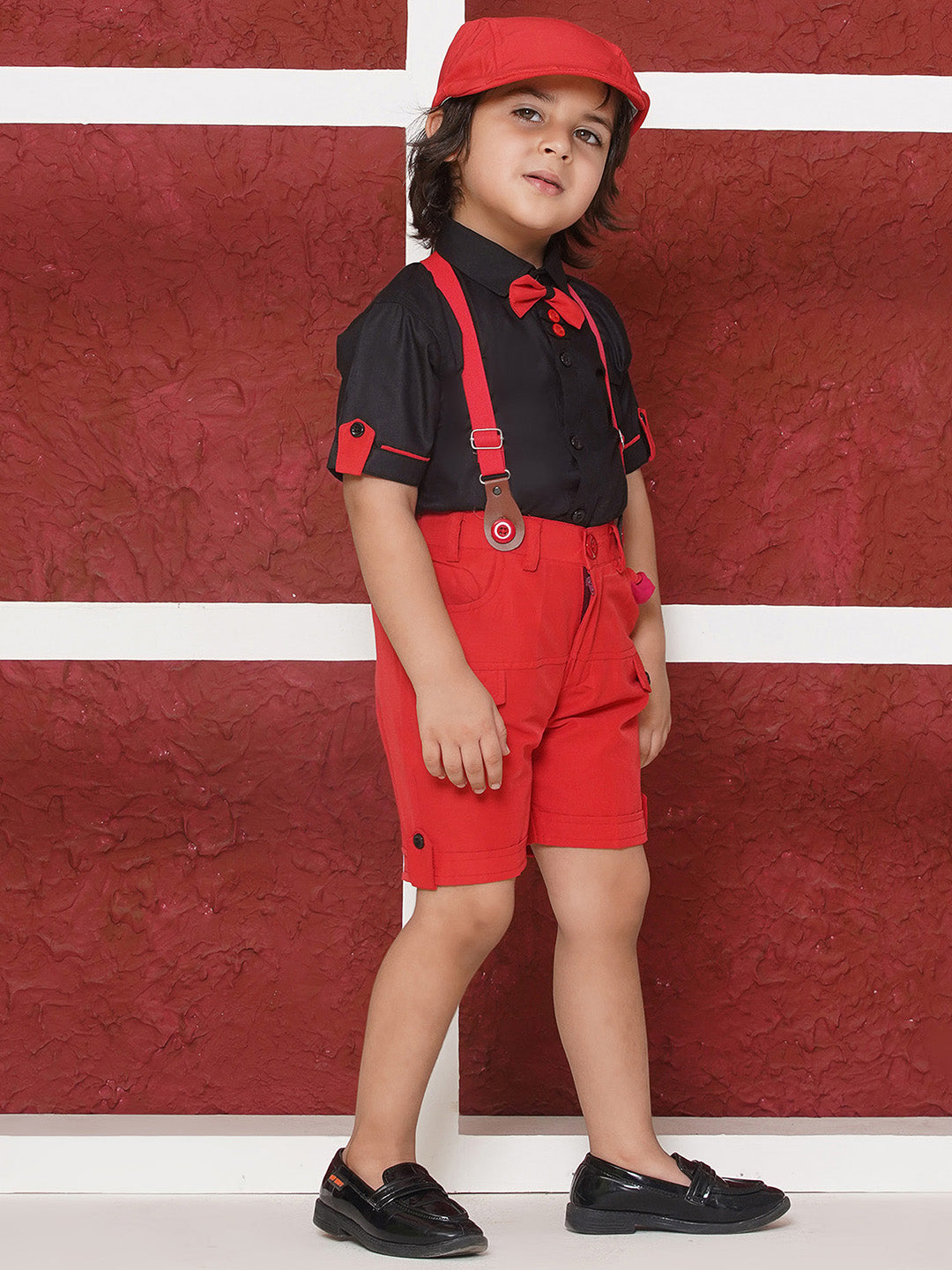 RED Cotton Blend Half Sleeves Solid Shirt Halfpant with Suspenders and Cap for Boys