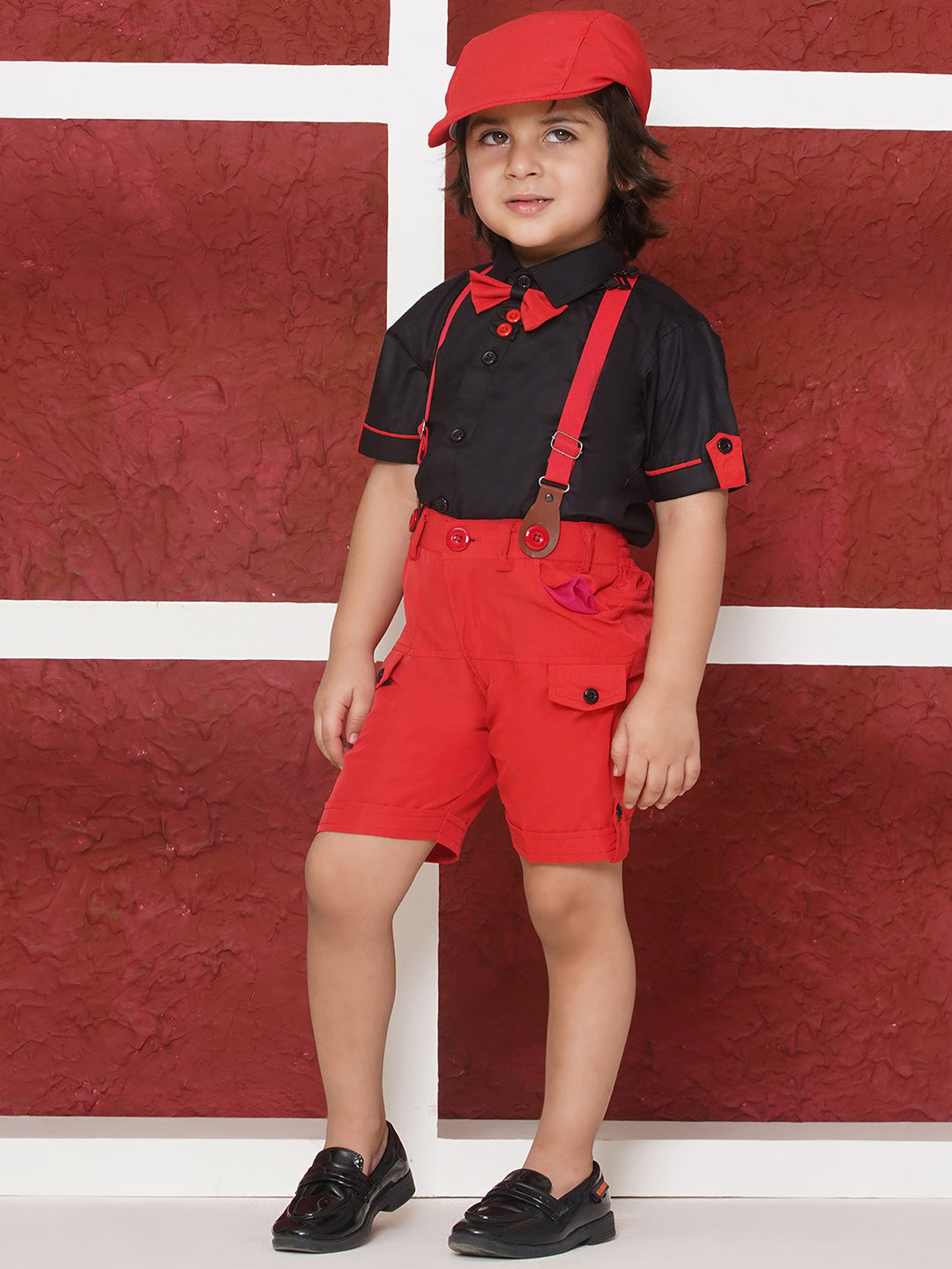 RED Cotton Blend Half Sleeves Solid Shirt Halfpant with Suspenders and Cap for Boys