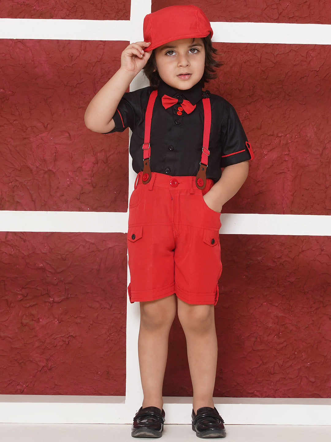 RED Cotton Blend Half Sleeves Solid Shirt Halfpant with Suspenders and Cap for Boys