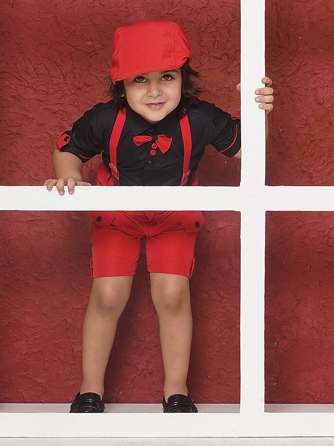 RED Cotton Blend Half Sleeves Solid Shirt Halfpant with Suspenders and Cap for Boys