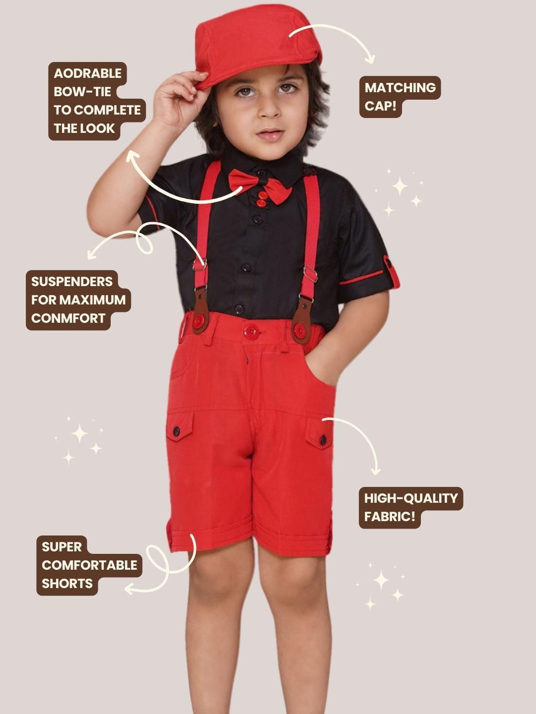 RED Cotton Blend Half Sleeves Solid Shirt Halfpant with Suspenders and Cap for Boys