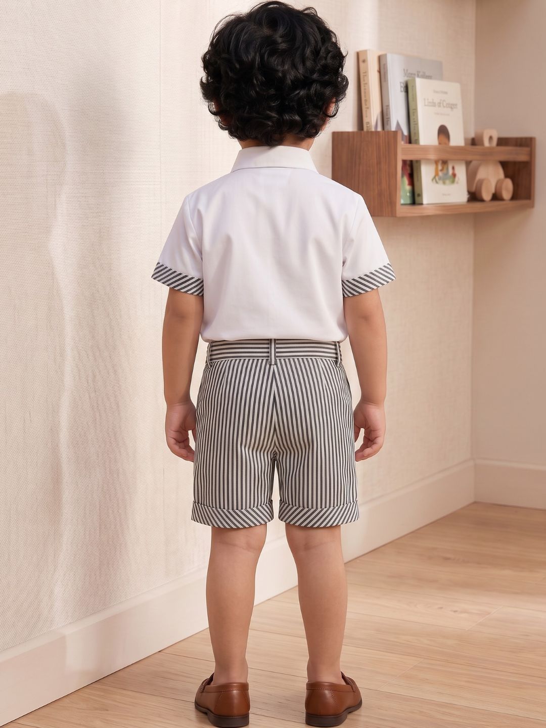 Black and White Stripes Cotton Shirt and Shorts For Boys