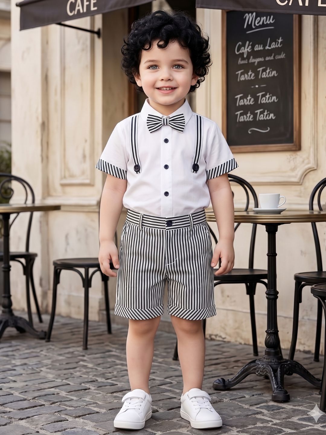 AJ Dezines Black and White Stripes Cotton Shirt and Shorts For Boys