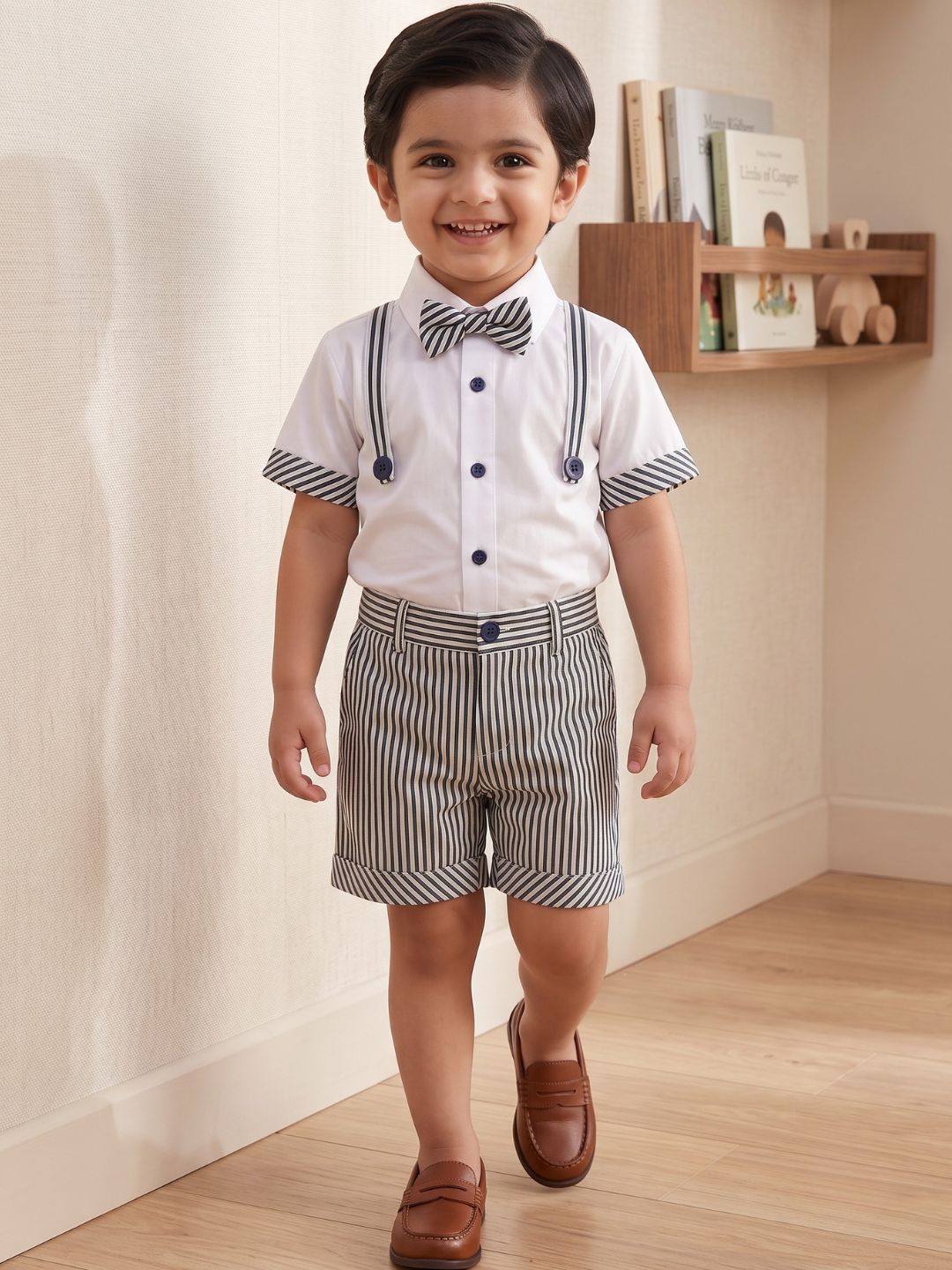 Black and White Stripes Cotton Shirt and Shorts For Boys