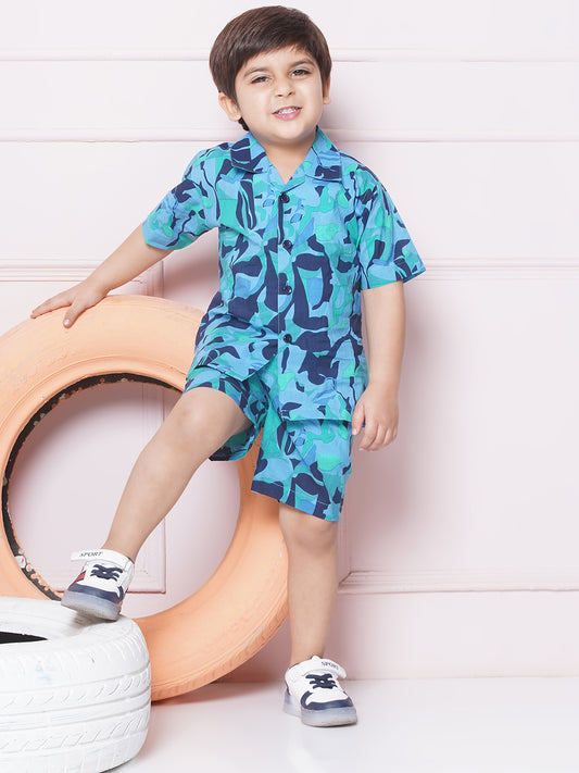 Blue Cotton Shirt & Shorts Half Sleeves with Collar and Abstract Print CO-ORDS Set for Boys