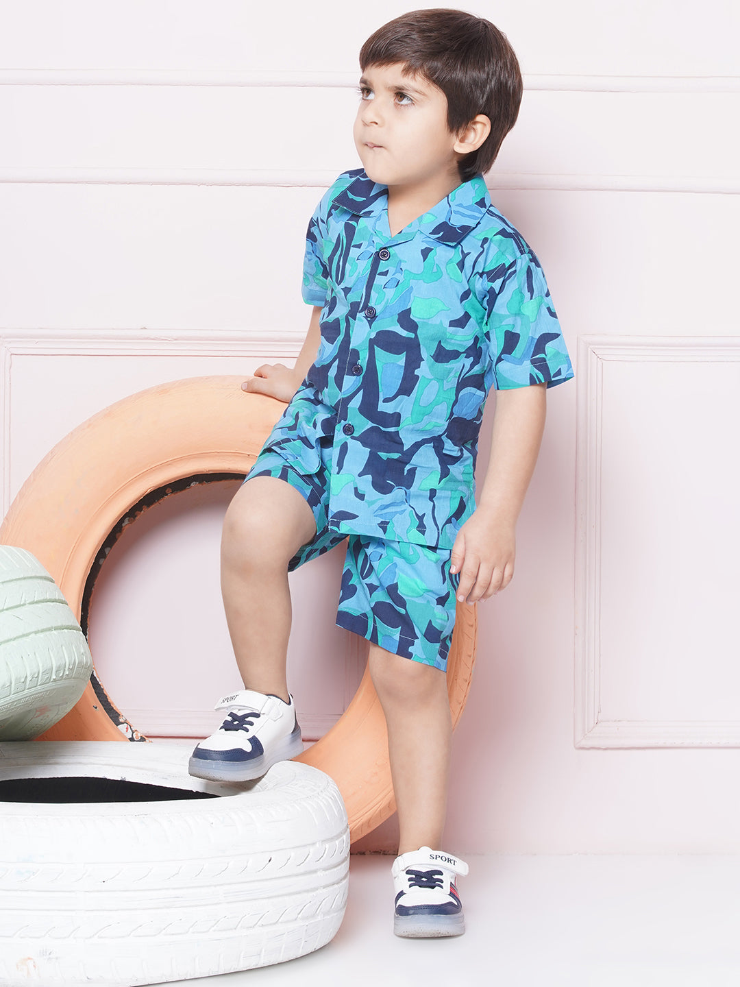 Blue Cotton Shirt & Shorts Half Sleeves with Collar and Abstract Print CO-ORDS Set for Boys