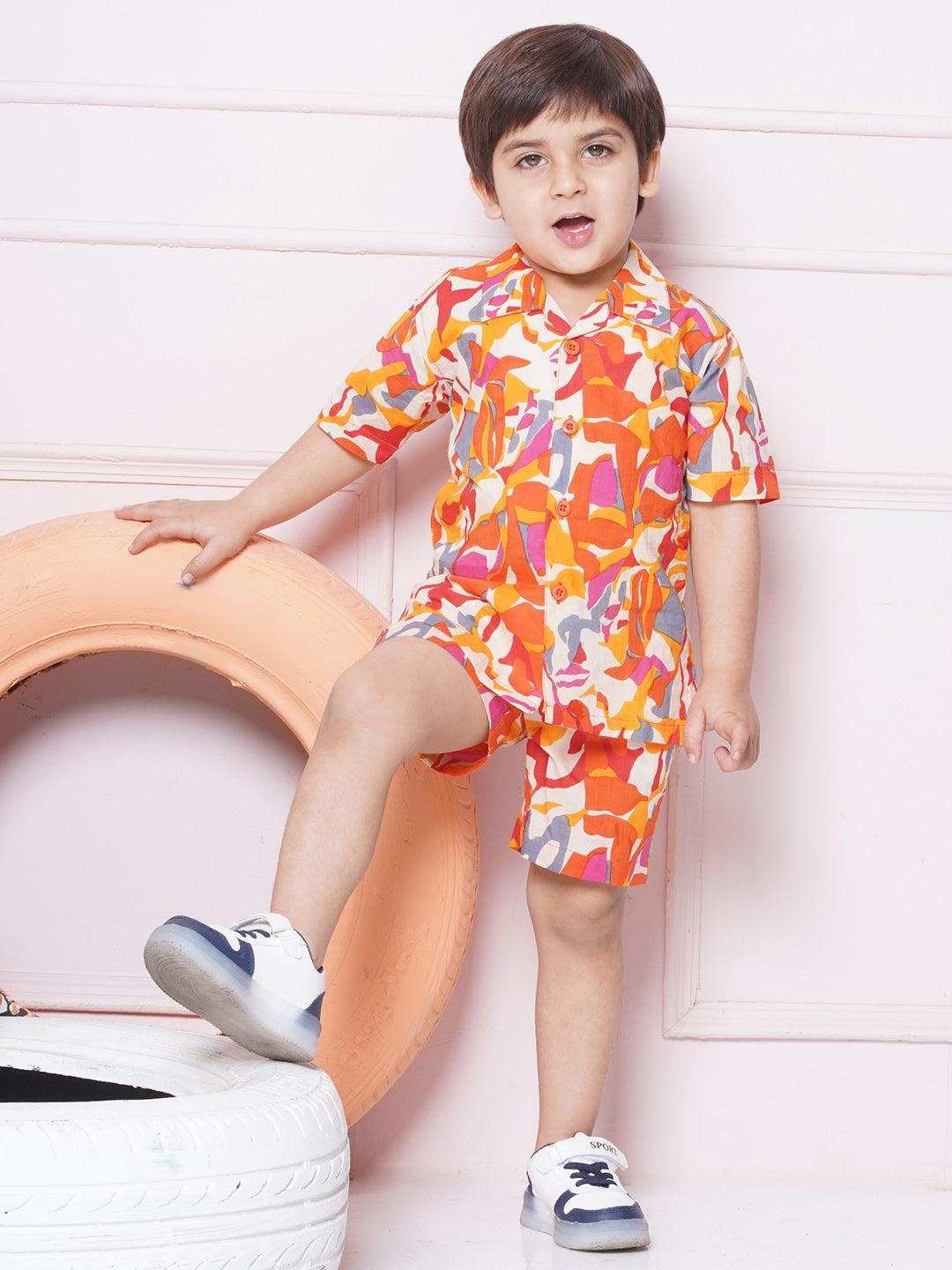 Kids Boys Orange Abstract Print Cotton CO-Ords Set