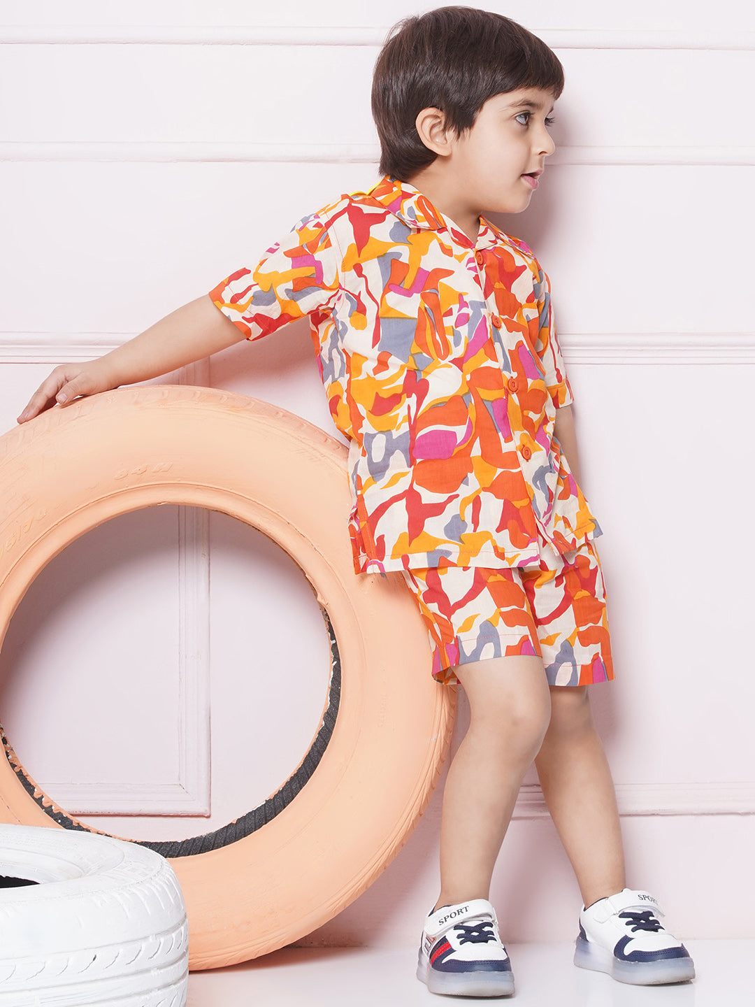Orange Cotton Shirt & shorts Half Sleeves with Collar and Abstract Print CO-ORDS Set for Boys