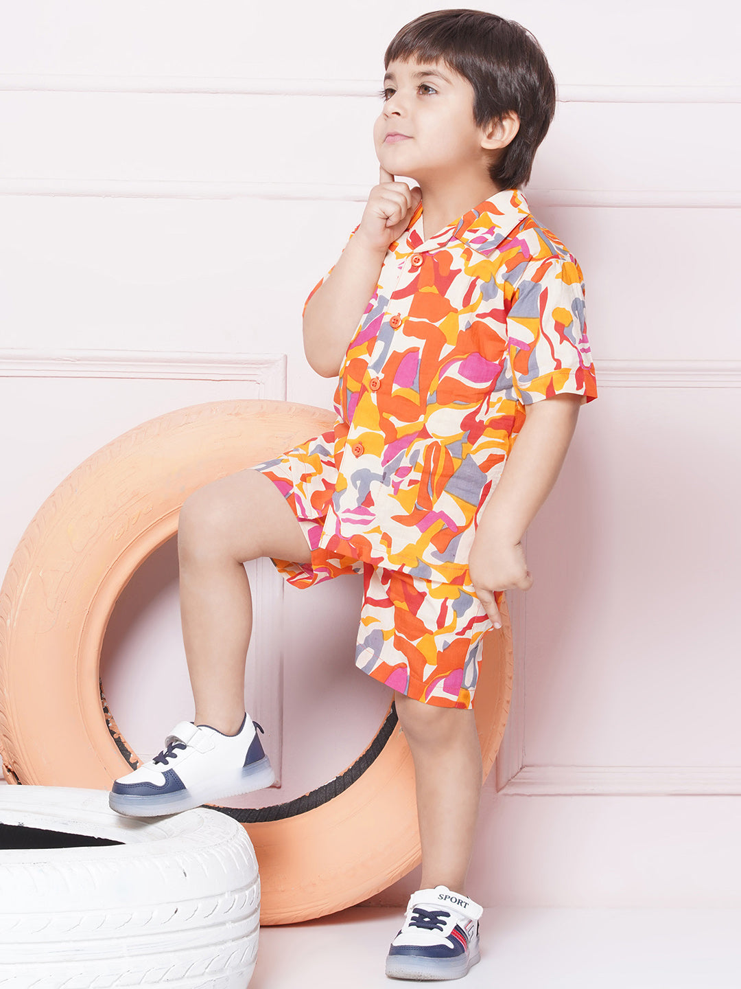 Orange Cotton Shirt & shorts Half Sleeves with Collar and Abstract Print CO-ORDS Set for Boys