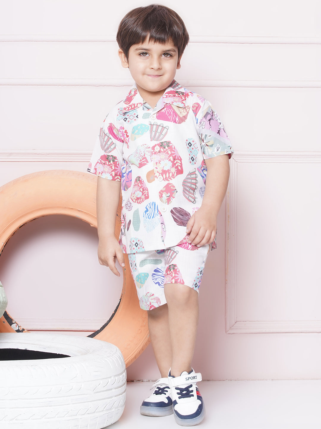 Boys Pure Cotton shirts with Shorts and Girls Crop Top With Trousers & Jacket Sibling Co Ords sets-Pink