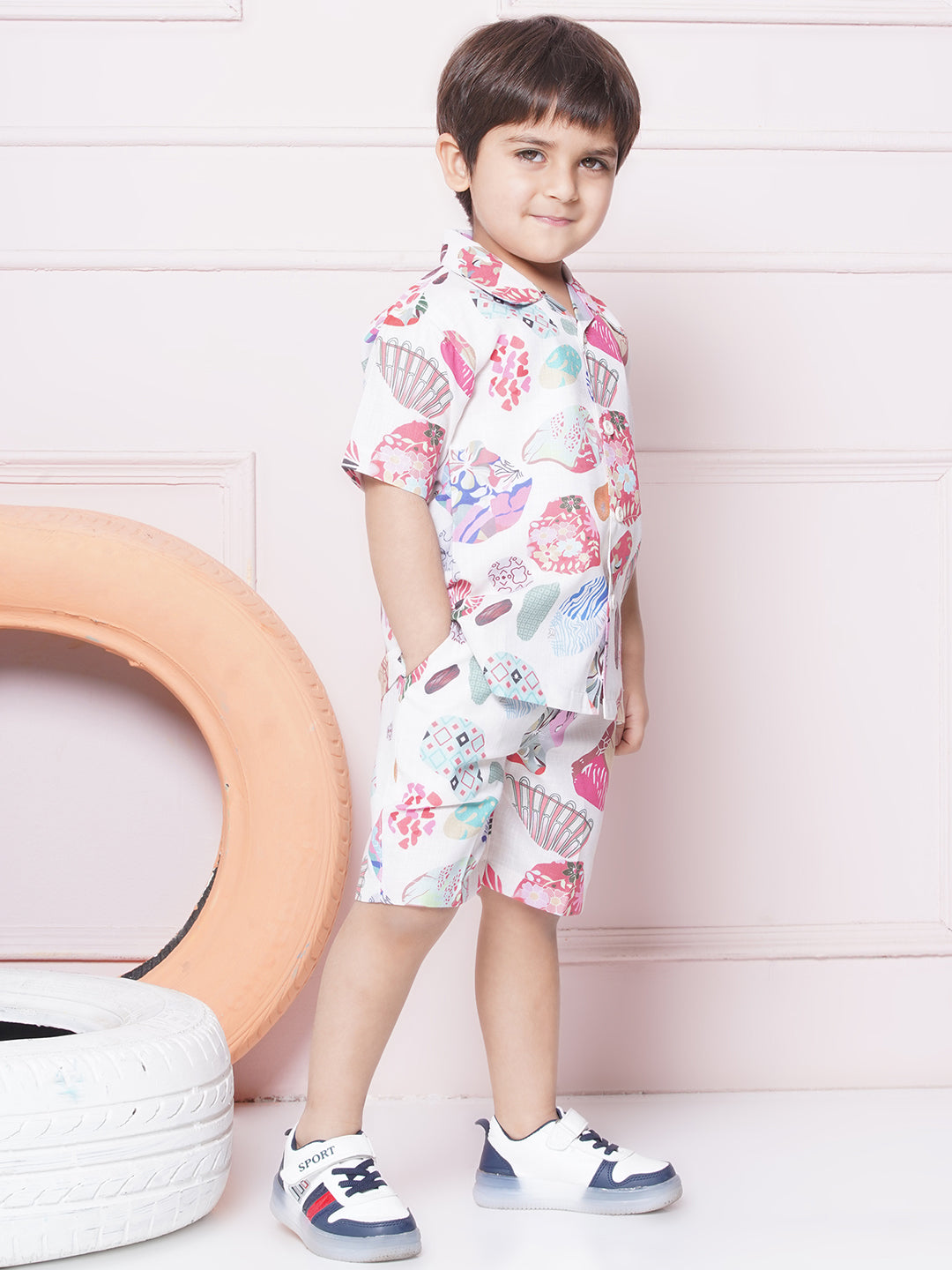 Boys Pure Cotton shirts with Shorts and Girls Crop Top With Trousers & Jacket Sibling Co Ords sets-Pink