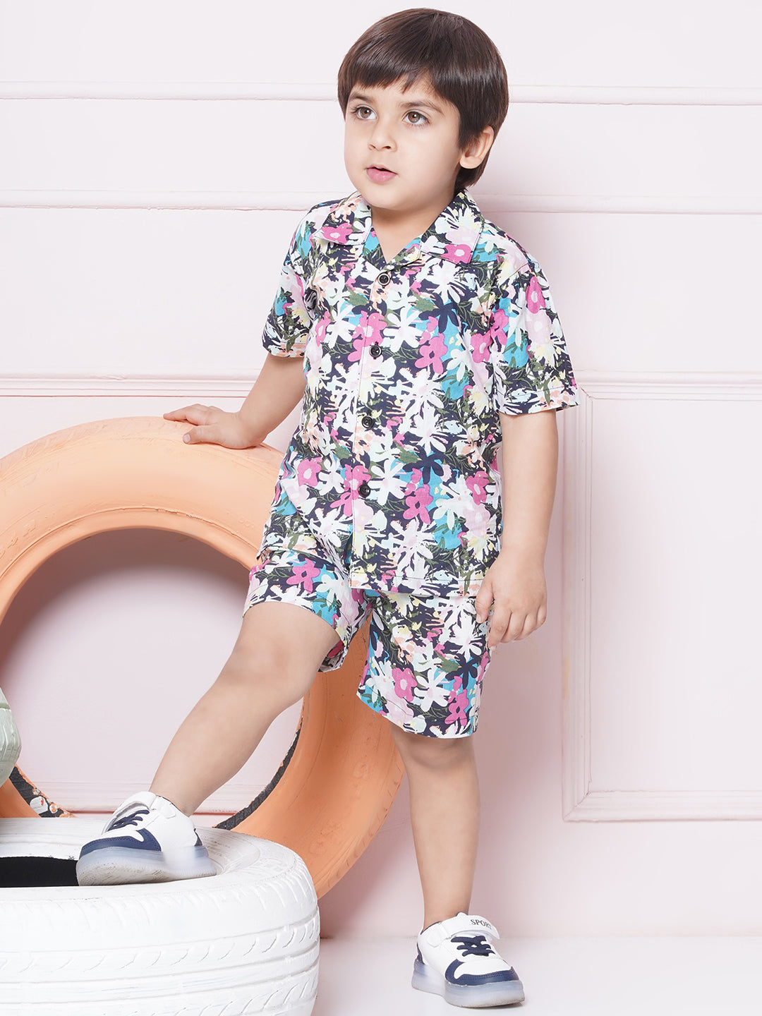 Kids Boys Green Floral Print Cotton CO-Ords Set - AJ Dezines