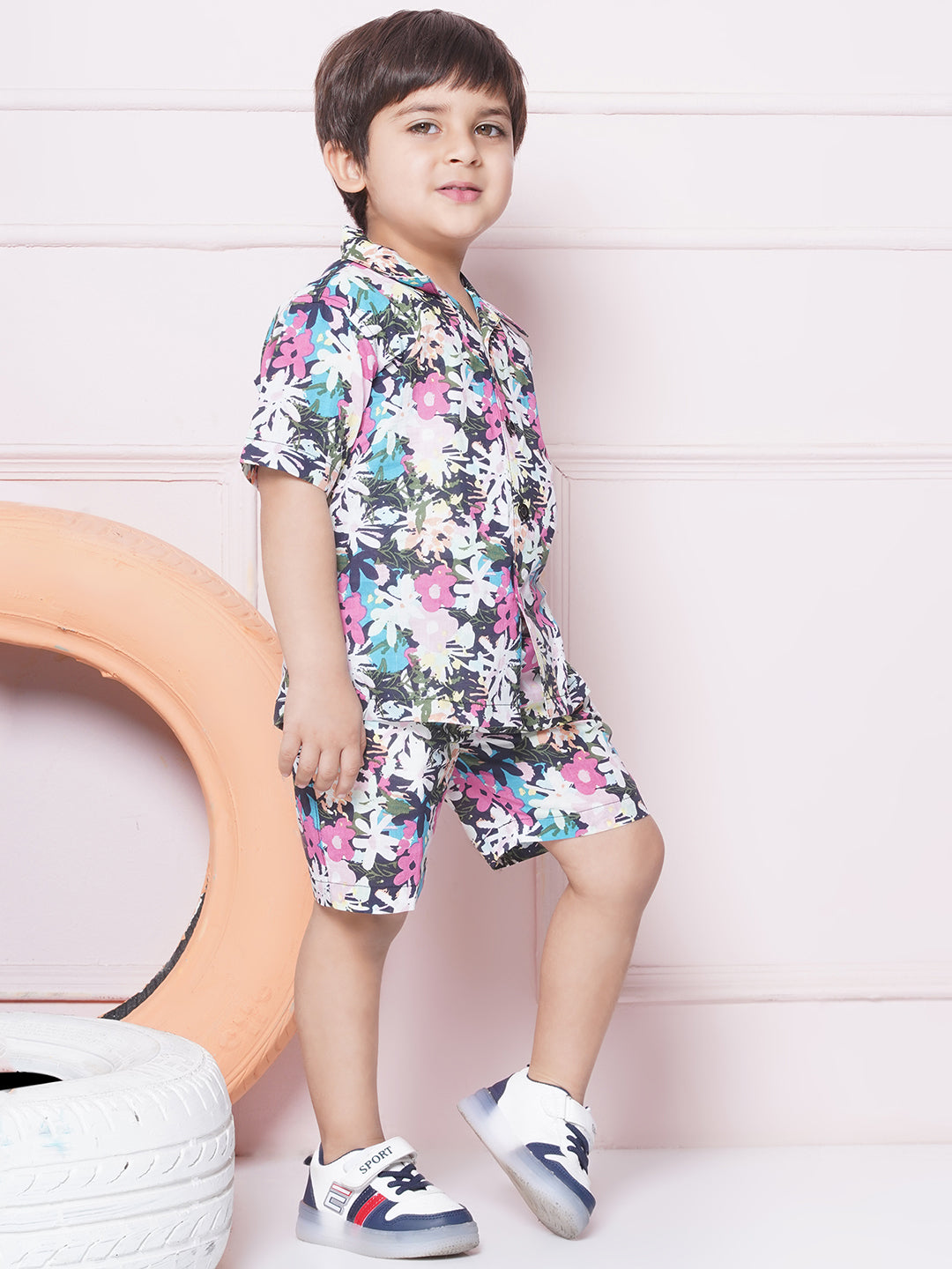 AJ Dezines Multi-Color Cotton Shirt & shorts Half Sleeves with Collar and Floral CO-ORDS Set for Boys
