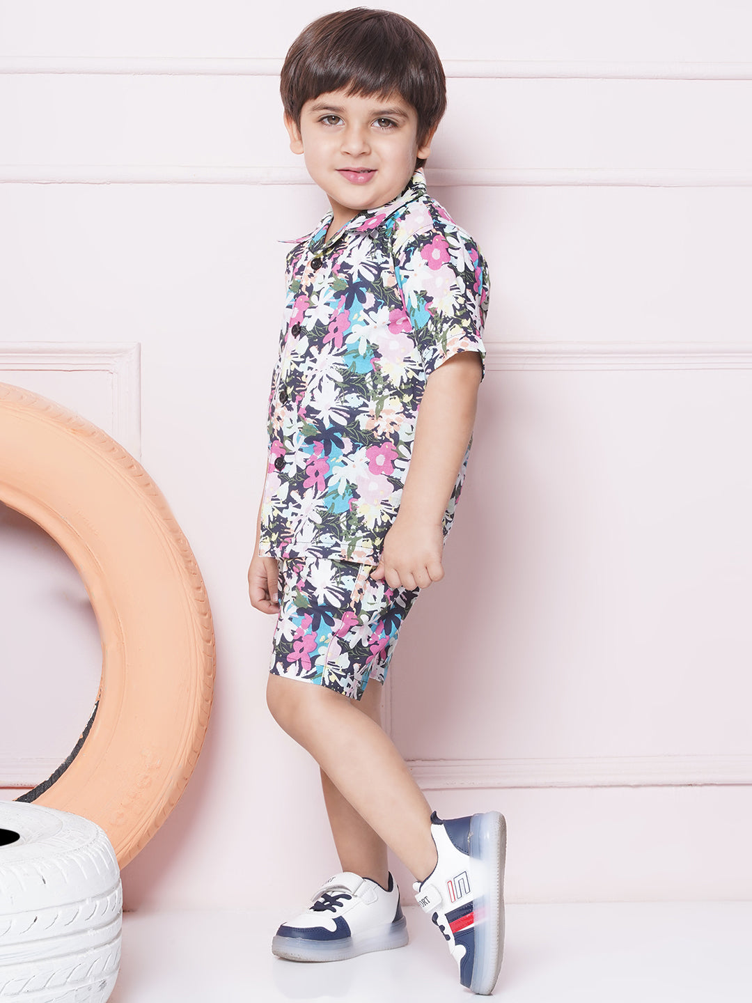 Multi-Color Cotton Shirt & shorts Half Sleeves with Collar and Floral CO-ORDS Set for Boys