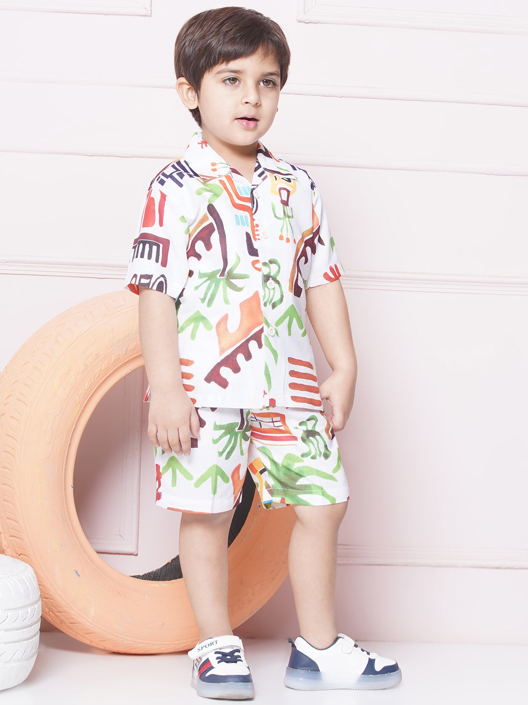 Kids Boys White Tropical Print Cotton CO-Ords Set - AJ Dezines