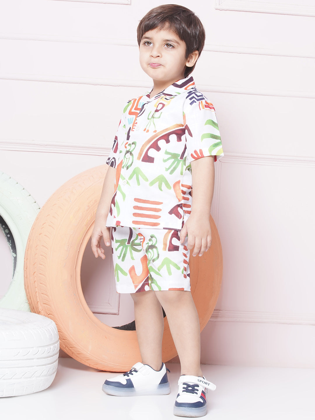 Kids Boys White Tropical Print Cotton CO-Ords Set - AJ Dezines